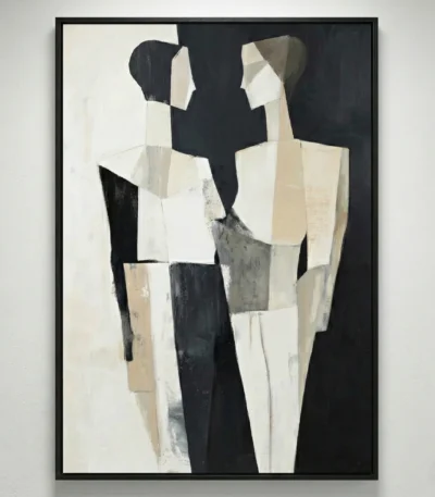 Abstract hand-painted canvas with geometric fragmented figures in black, cream, and taupe tones