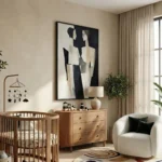Contemporary abstract hand-painted canvas in black, cream, and taupe geometric forms, nursery setting