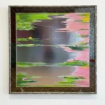 Contemporary abstract hand-painted canvas depicting stylized water lilies in vibrant greens, pinks, and yellows with horizontal brushstrokes