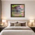 Impressionist hand-painted canvas depicting lily pond with soft pink and green tones, modern bedroom