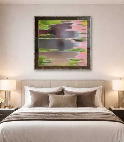 Impressionist hand-painted canvas depicting lily pond with soft pink and green tones, modern bedroom