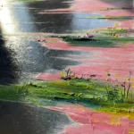 Gestural abstract hand-painted canvas depicting water lilies and reeds in pink, green, and blue tones