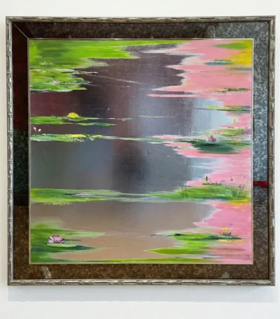 Contemporary abstract hand-painted canvas depicting stylized water lilies in vibrant greens, pinks, and yellows with horizontal brushstrokes