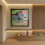 Impressionist hand-painted canvas depicting serene water lilies and pink lotus flowers in vibrant greens and soft pastels, modern living space