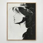 Minimalist hand-painted canvas depicting a stylized female profile in black ink and monochrome tones, contemporary wall space