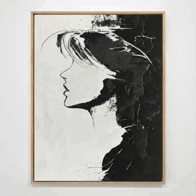 Minimalist hand-painted canvas depicting a stylized female profile in black ink and monochrome tones, contemporary wall space