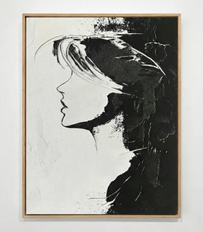 Minimalist hand-painted canvas depicting a stylized female profile in black ink and monochrome tones, contemporary wall space