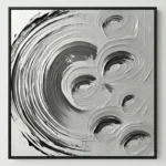 Gestural abstract hand-painted canvas with spiraling monochrome forms and dynamic brushwork in layered grays and blacks