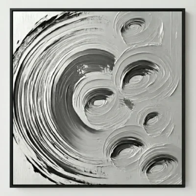 Gestural abstract hand-painted canvas with spiraling monochrome forms and dynamic brushwork in layered grays and blacks