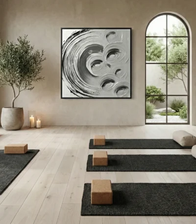 Gestural abstract hand-painted canvas in monochrome black and white swirling brushstrokes, yoga studio setting