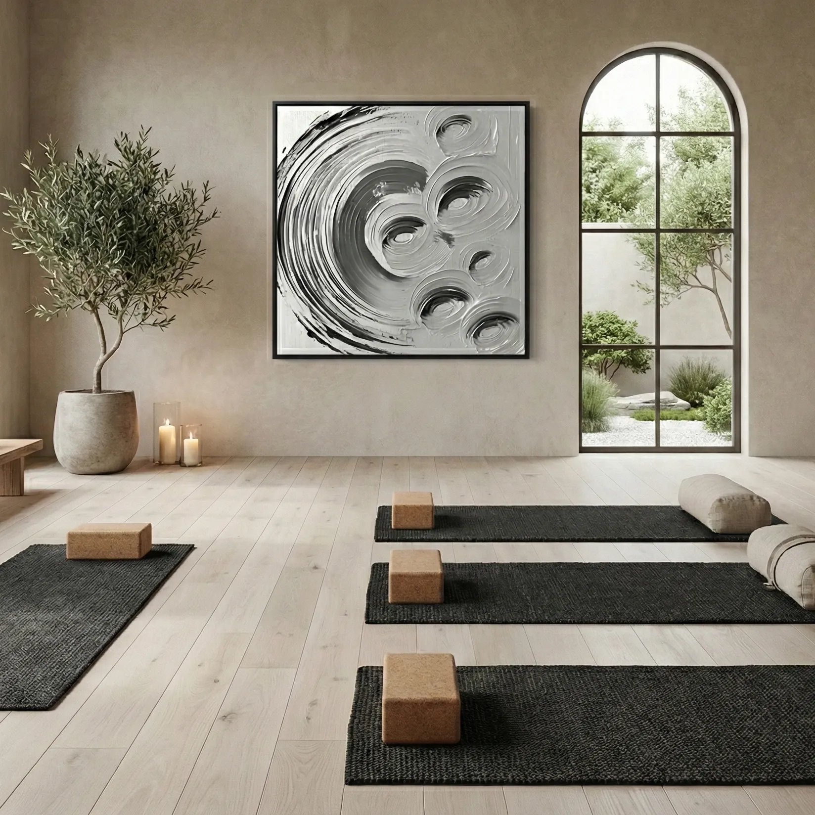 Modern Orbit Black framed textured paint swirls minimal wall decor (2) Gestural abstract hand-painted canvas in monochrome black and white swirling brushstrokes, yoga studio setting