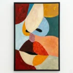 Abstract expressionist hand-painted canvas with bold geometric shapes in vibrant reds, oranges, blues, and creams, contemporary living space