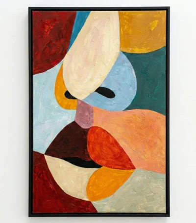 Abstract expressionist hand-painted canvas with bold geometric shapes in vibrant reds, oranges, blues, and creams, contemporary living space