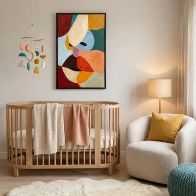 Contemporary abstract hand-painted canvas with bold geometric shapes in warm reds, oranges, golds and cool teals, nursery setting
