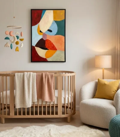 Contemporary abstract hand-painted canvas with bold geometric shapes in warm reds, oranges, golds and cool teals, nursery setting