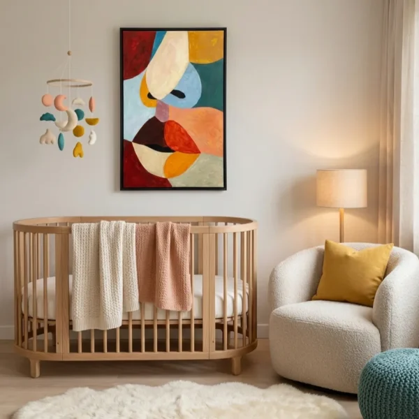 Contemporary abstract hand-painted canvas with bold geometric shapes in warm reds, oranges, golds and cool teals, nursery setting
