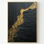 Textured abstract hand-painted canvas with gold leaf crackle detail and dark charcoal layering, contemporary living space