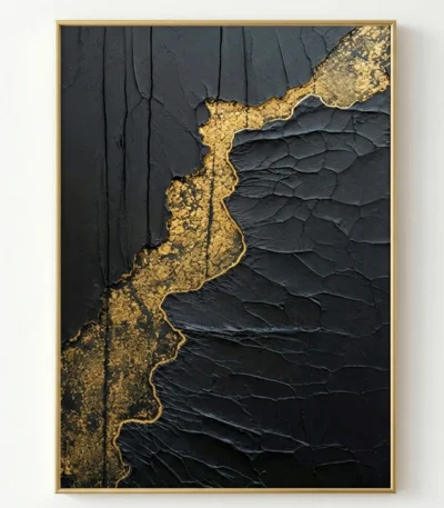 Textured abstract hand-painted canvas with gold leaf crackle detail and dark charcoal layering, contemporary living space