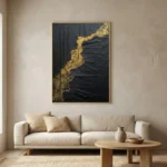 Textured abstract hand-painted canvas with gold leaf accents and black crackled surface, contemporary living space