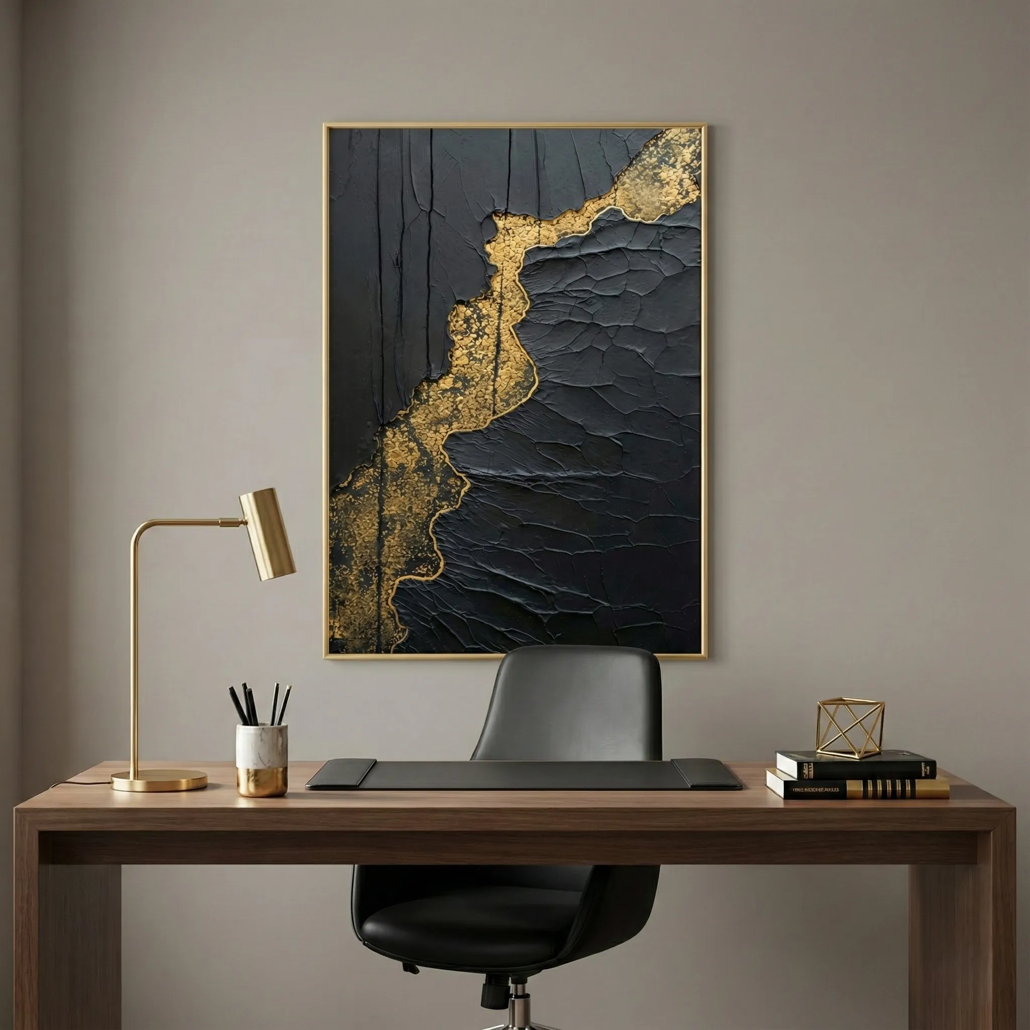 Molten Vein Black impasto with gold river. abstract art (5) Contemporary textured hand-painted canvas with dramatic black and gold leaf abstract design, modern workspace