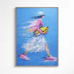 Gestural contemporary hand-painted canvas depicting a figure in motion with vibrant pink, yellow, and white brushstrokes against brilliant blue background