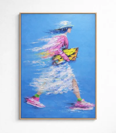 Gestural contemporary hand-painted canvas depicting a figure in motion with vibrant pink, yellow, and white brushstrokes against brilliant blue background