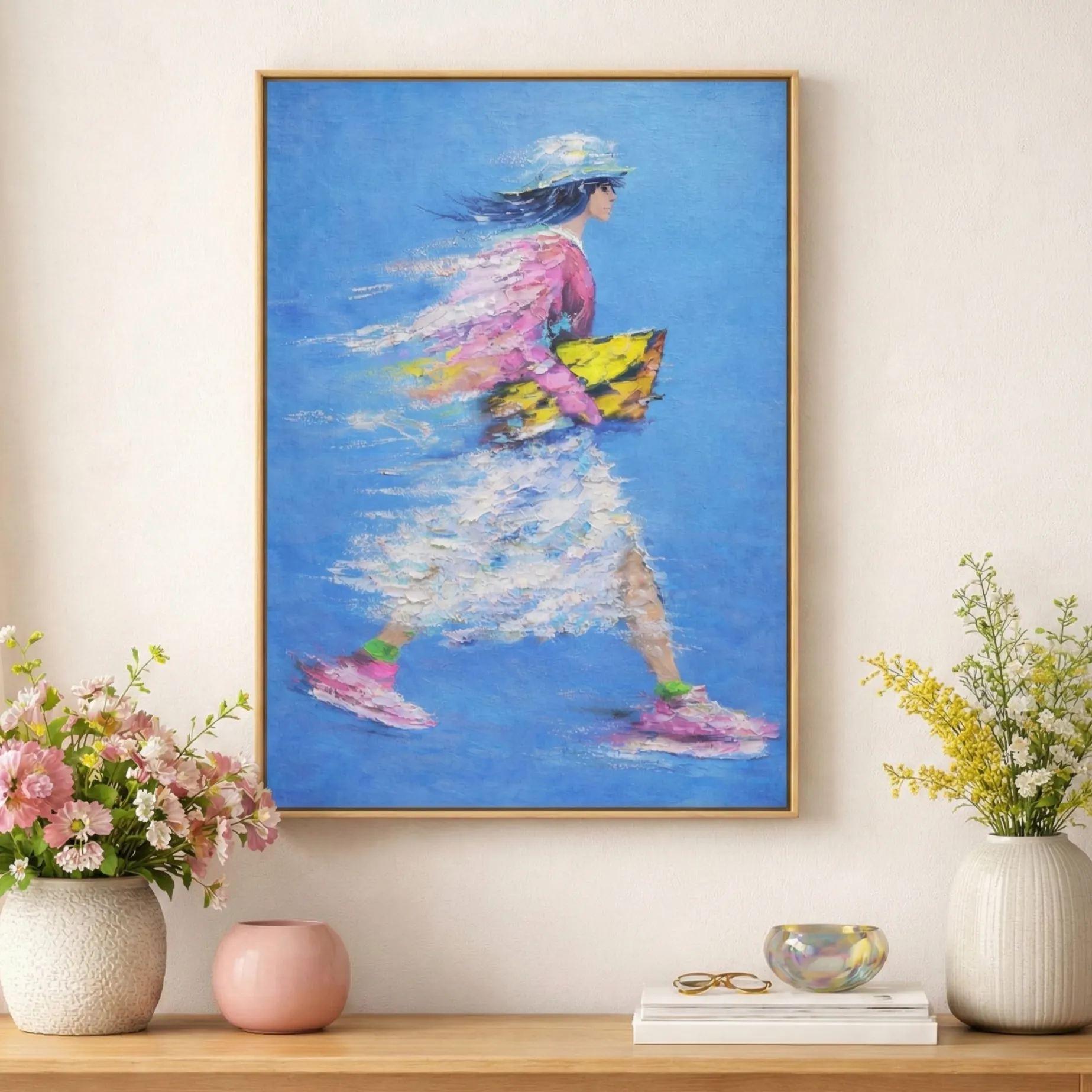 Momentum in Color – Contemporary Abstract Figurative Wall Art (2) Contemporary figurative hand-painted canvas depicting a woman in motion with vibrant pink and yellow accents against brilliant blue, modern interior setting