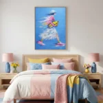 Contemporary gestural painting of a dynamic female surfer in vibrant pink, yellow, and blue tones, modern bedroom