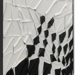 Monochromatic abstract hand-painted canvas with dynamic layered geometric shapes in black and white, contemporary interior
