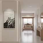 Monochromatic abstract hand-painted canvas with geometric black and white distorted grid pattern, contemporary hallway