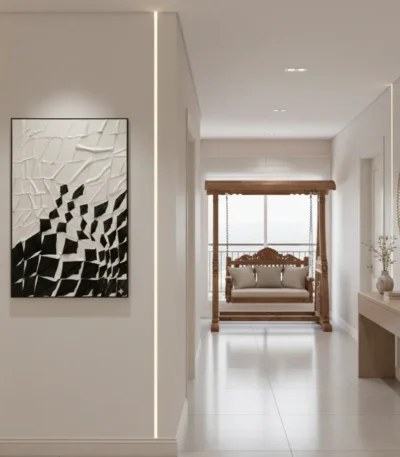 Monochromatic abstract hand-painted canvas with geometric black and white distorted grid pattern, contemporary hallway