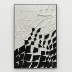 Textured abstract hand-painted canvas with geometric diamond patterns transitioning from white to black, contemporary minimalist style