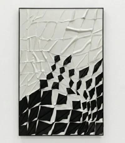 Textured abstract hand-painted canvas with geometric diamond patterns transitioning from white to black, contemporary minimalist style