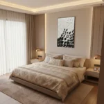 Gestural abstract hand-painted canvas in monochrome black and white with dynamic linear patterns, modern bedroom setting