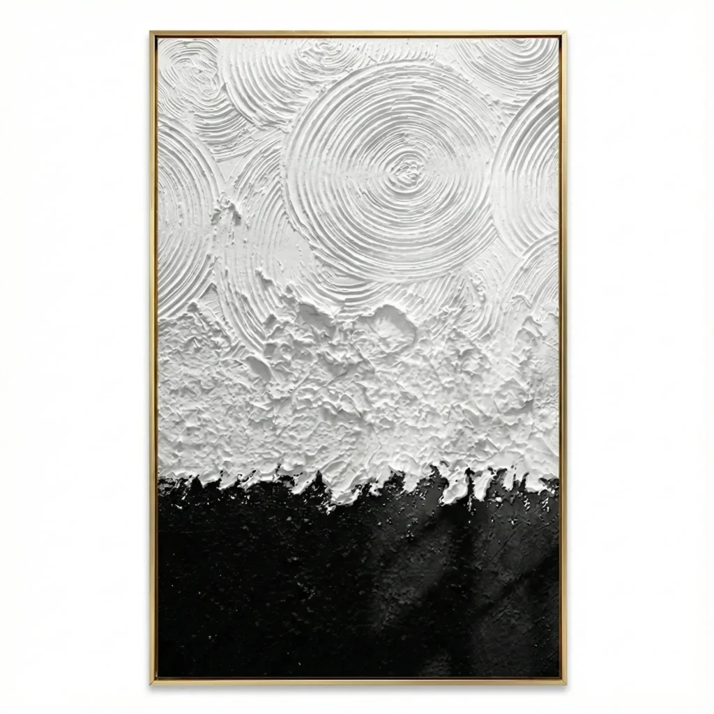 Textured abstract hand-painted canvas with concentric circular motifs in white and black forest silhouette, monochromatic palette