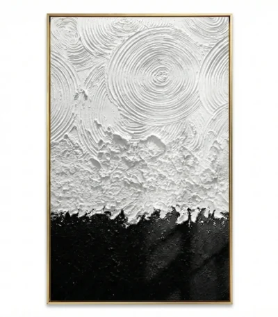 Textured abstract hand-painted canvas with concentric circular motifs in white and black forest silhouette, monochromatic palette