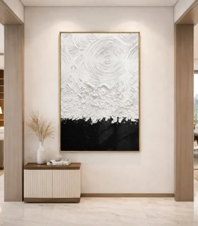 Textured abstract hand-painted canvas with white impasto swirls and black silhouetted treeline, monochrome palette, modern entryway