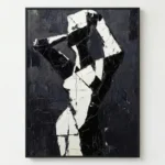 Gestural abstract hand-painted canvas in bold black and white contrasting brushstrokes, contemporary wall art