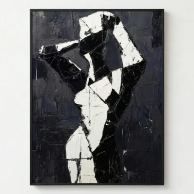 Gestural abstract hand-painted canvas in bold black and white contrasting brushstrokes, contemporary wall art