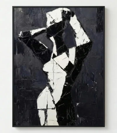 Gestural abstract hand-painted canvas in bold black and white contrasting brushstrokes, contemporary wall art