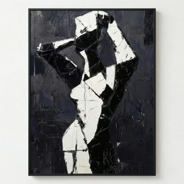 Gestural abstract hand-painted canvas in bold black and white contrasting brushstrokes, contemporary wall art