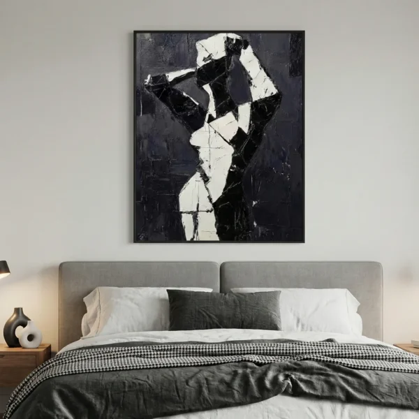 Abstract expressionist hand-painted canvas depicting gestural figure in stark black and white, modern bedroom
