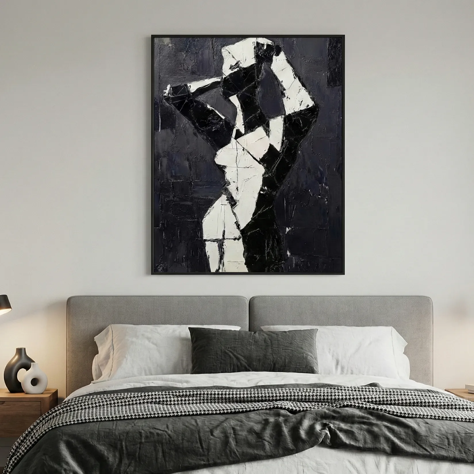 Monochrome Silhouette Black and white abstract figure Abstract art wall decor (2) Abstract expressionist hand-painted canvas depicting gestural figure in stark black and white, modern bedroom