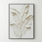 Textured minimalist hand-painted canvas depicting delicate botanical leaves in layered white impasto, contemporary living space