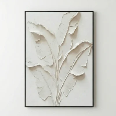 Textured minimalist hand-painted canvas depicting delicate botanical leaves in layered white impasto, contemporary living space