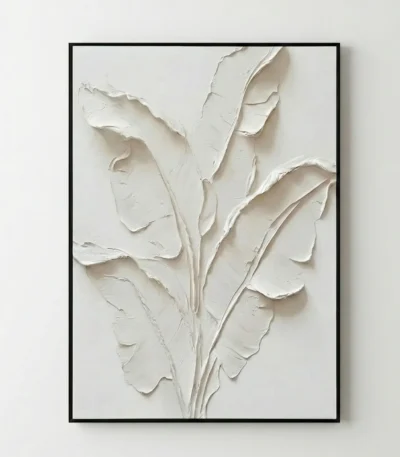 Textured minimalist hand-painted canvas depicting delicate botanical leaves in layered white impasto, contemporary living space