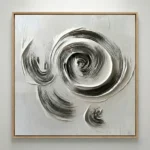Gestural abstract hand-painted canvas with dynamic spiral and circular brushstrokes in monochrome black and white, contemporary living space