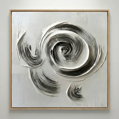 Gestural abstract hand-painted canvas with dynamic spiral and circular brushstrokes in monochrome black and white, contemporary living space