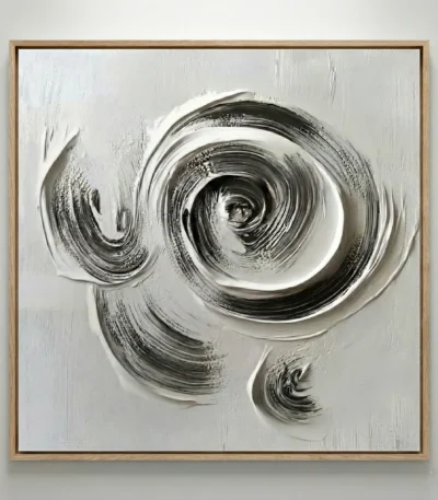Gestural abstract hand-painted canvas with dynamic spiral and circular brushstrokes in monochrome black and white, contemporary living space