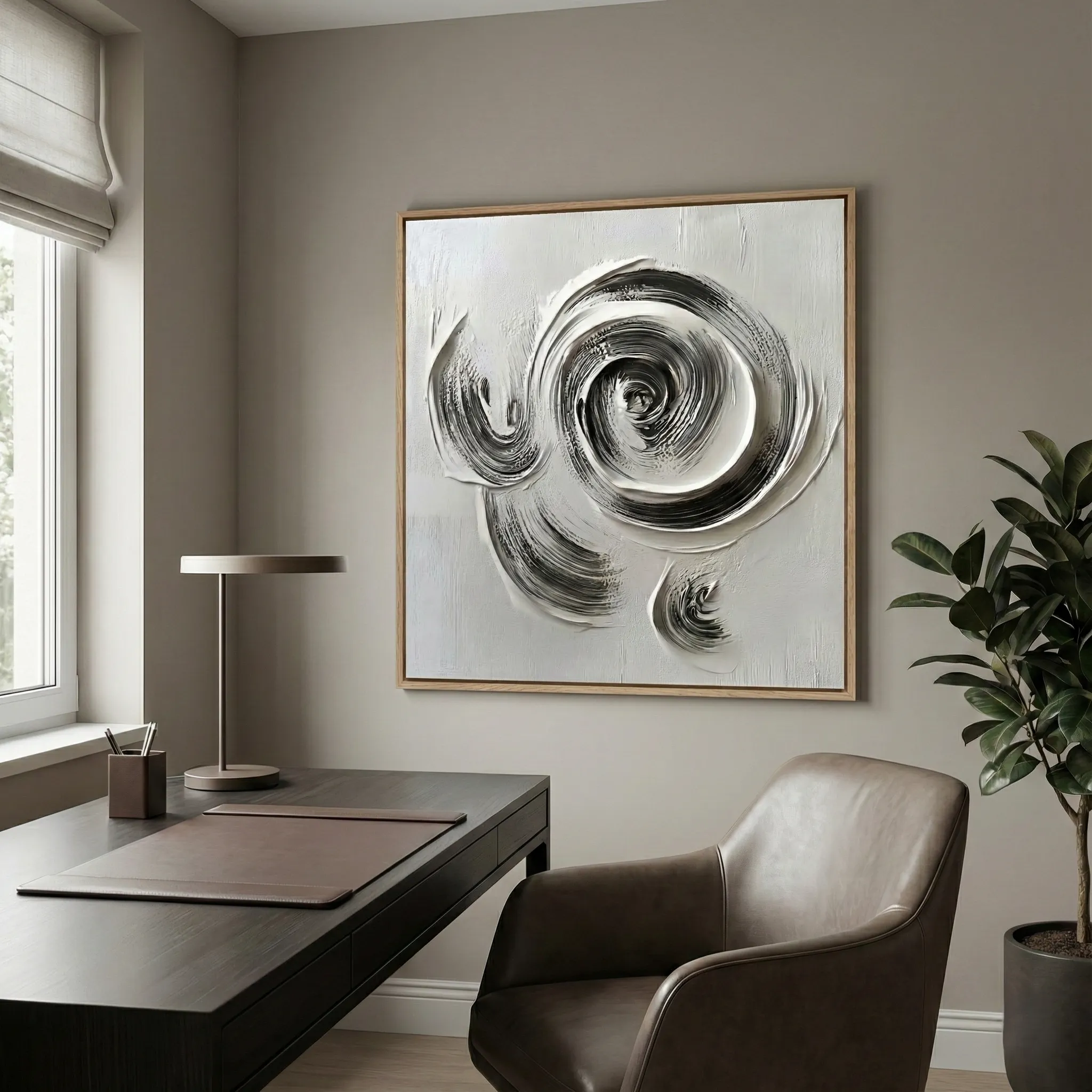 Monochrome Vortex Flow Textured black white impasto spiral contemporary minimal art (2) Gestural abstract hand-painted canvas with dynamic circular brushstrokes in monochrome black and white, contemporary office space